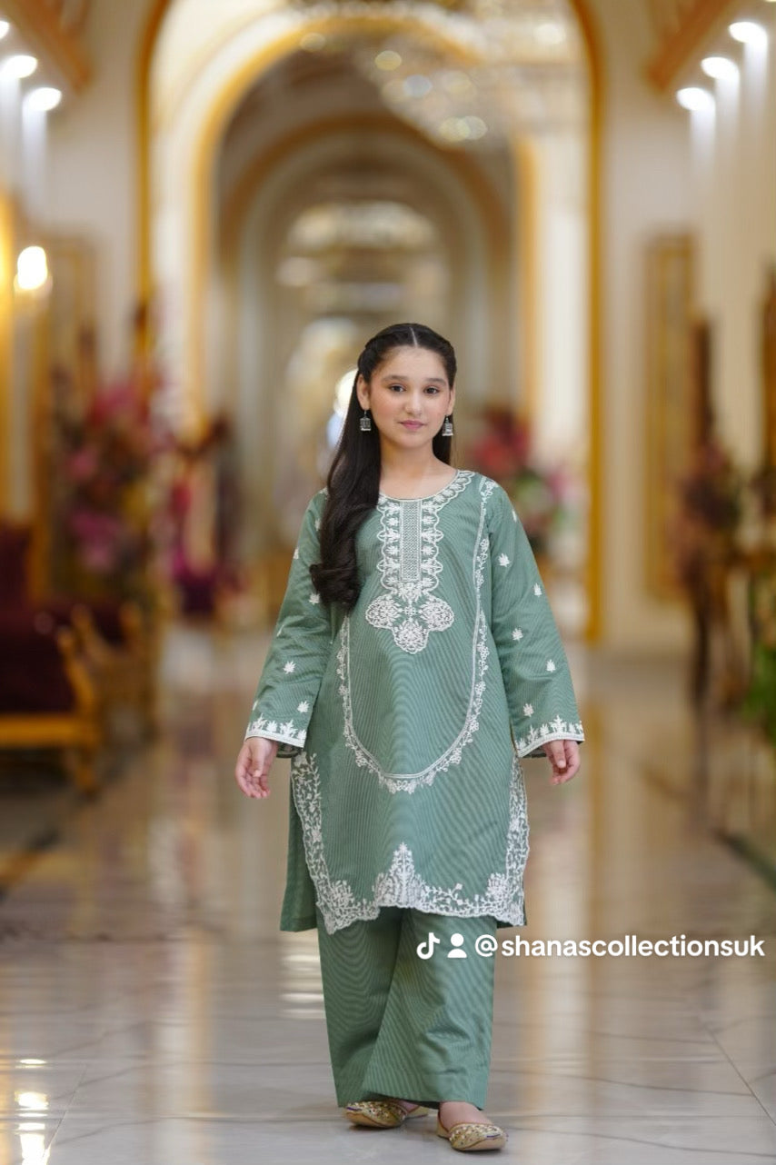 Children's Embroidered Kurta Set - Sage Green