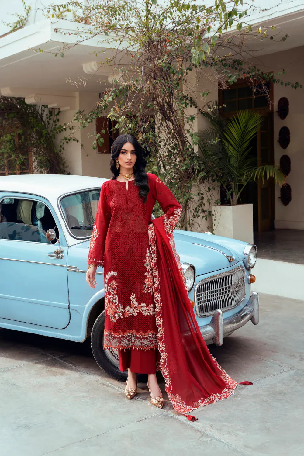 Naqsh Chikankari Ruby Red