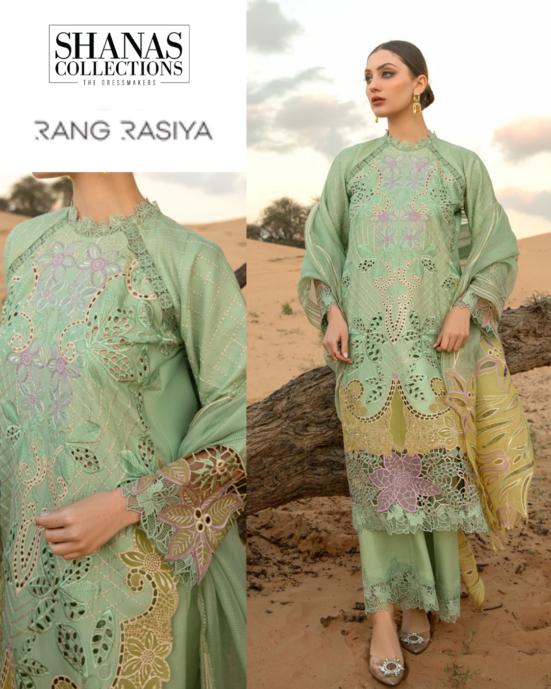 Elnaz green embroidered lawn suit full set with chiffon dupatta
Detailed view of shirt embroidery and dupatta print