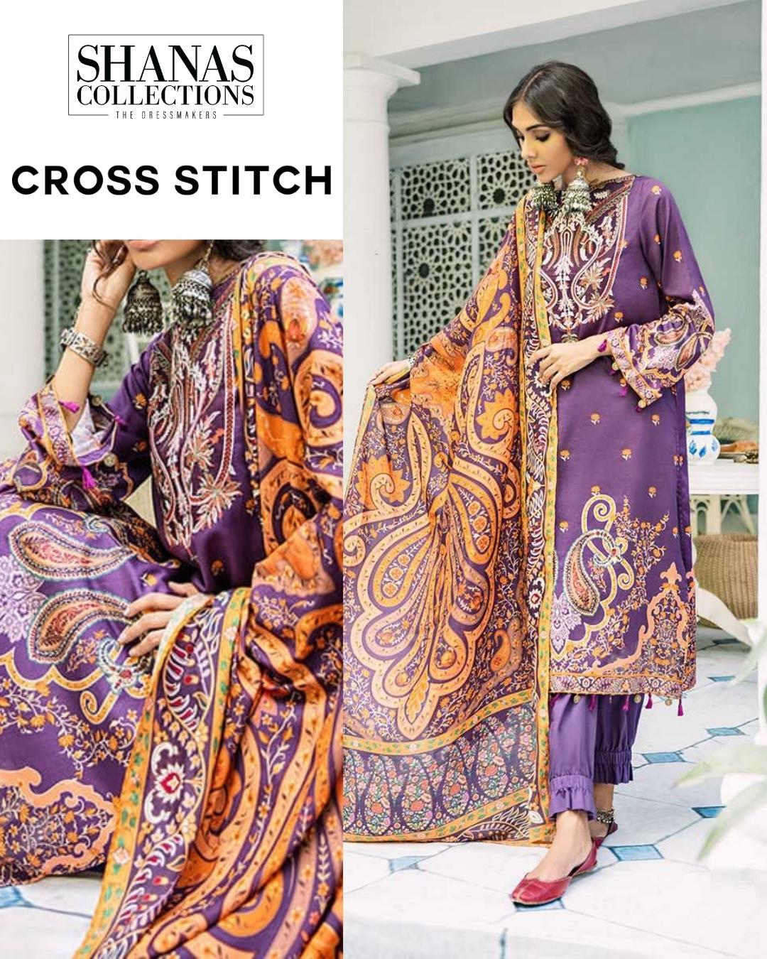 Cross Stitch Mehek Cotton Satin Embroidered Unstitched 3 Piece Suit