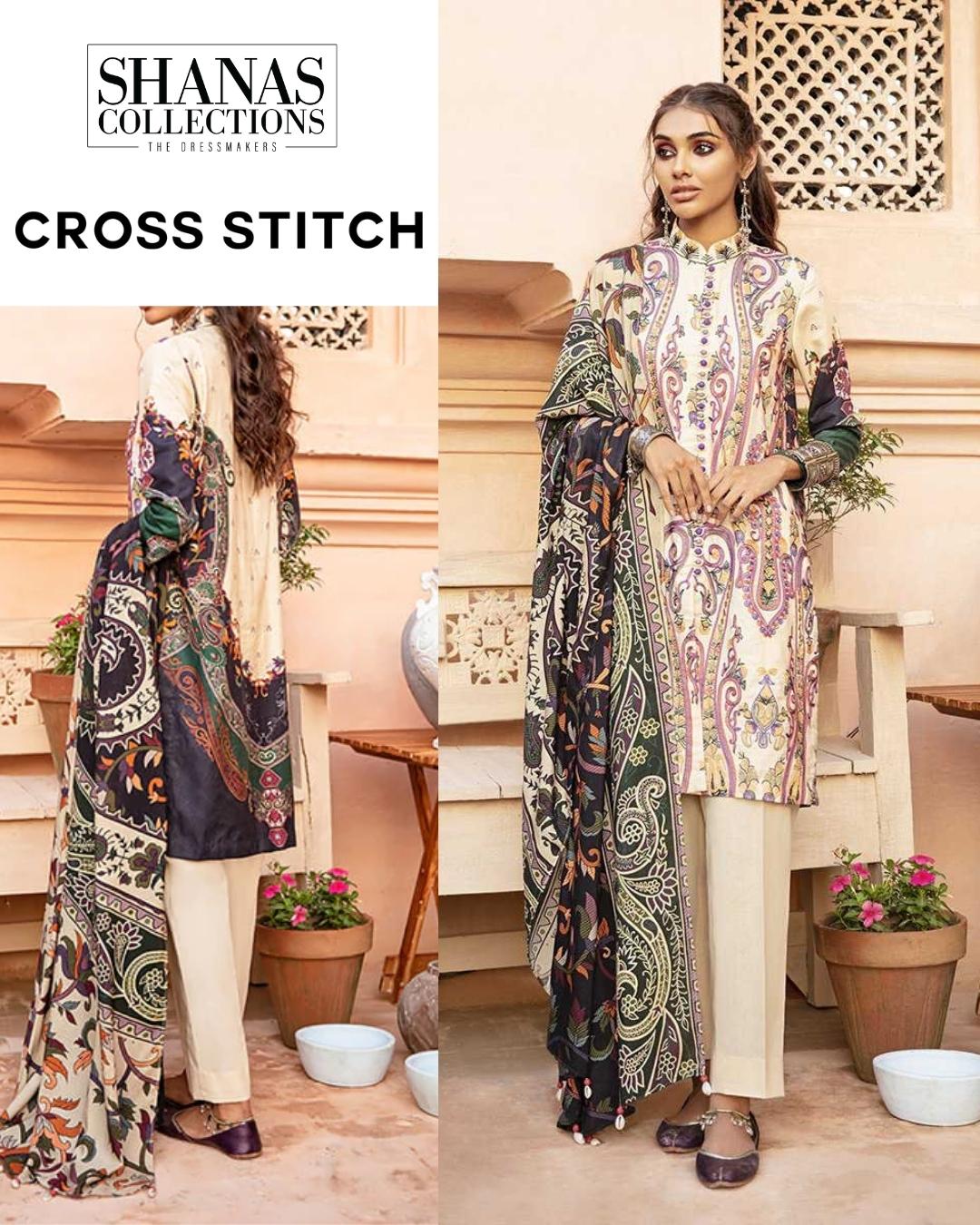 Cross Stitch Marzipan Mehek Cotton Satin Unstitched 3 Piece Suit