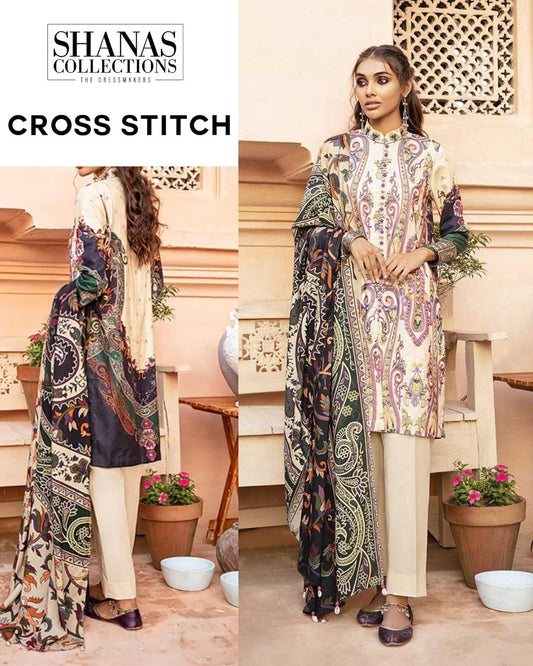 Cross Stitch Marzipan Mehek Cotton Satin Unstitched 3 Piece Suit