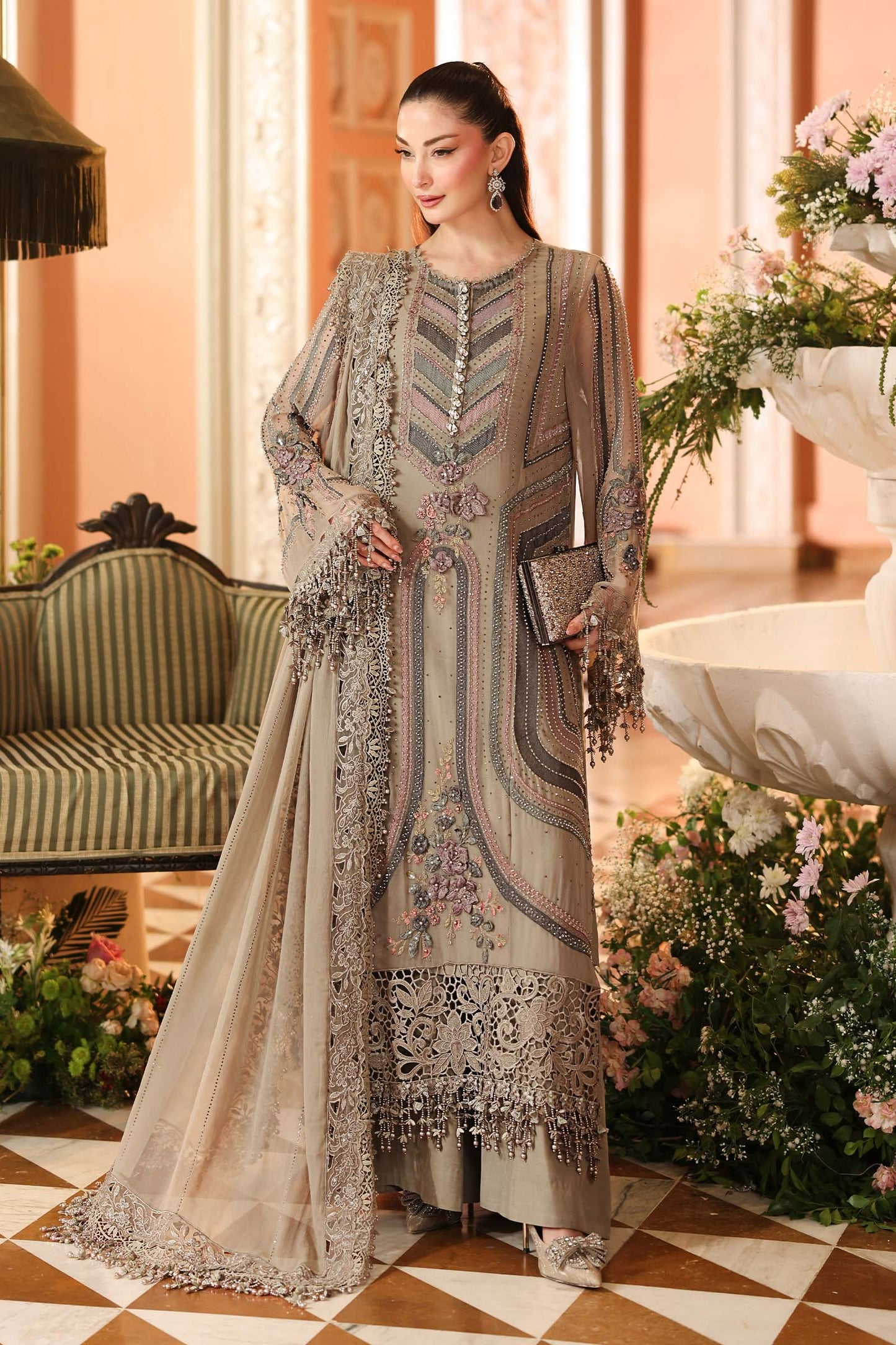 Maria B unstitched luxury chiffon suit 201 in antique grey with 3D floral hand embellishment – Shanas Collections