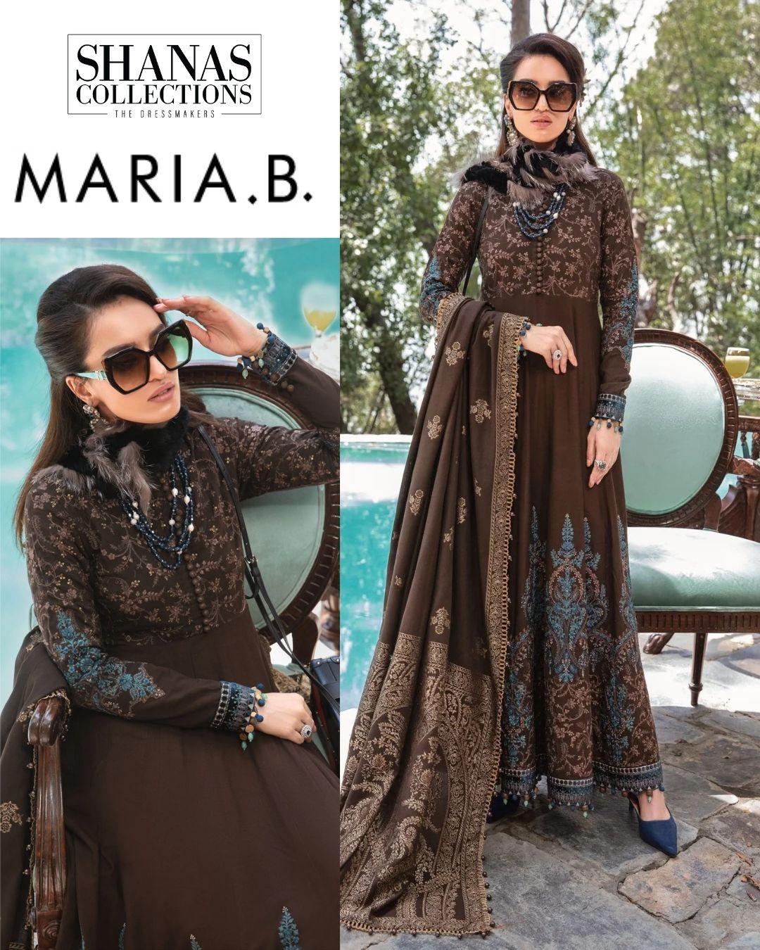 Maria B brown suit UK, embroidered linen dress, unstitched 3-piece Pakistani outfit, winter linen suit Maria B, Pakistani fashion UK, Shana’s Collections