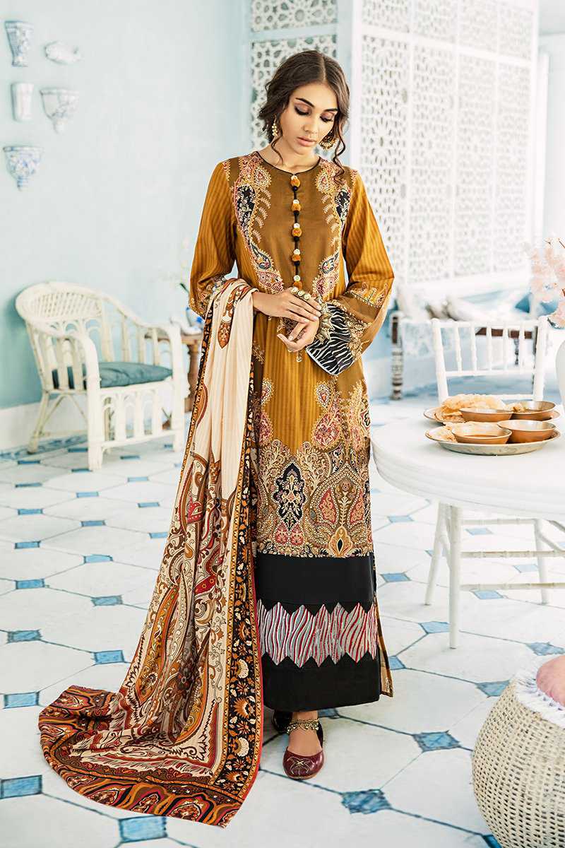 Cross Stitch Mustard Cotton Satin Unstitched 3 Piece Suit