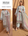 Front view of Parisa embroidered lawn suit with chiffon dupatta
Close-up of shirt embroidery and printed dupatta pattern