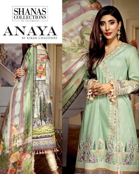 Eva embroidered lawn shirt with printed dupatta displayed
Close-up of threadwork and chiffon design elements
