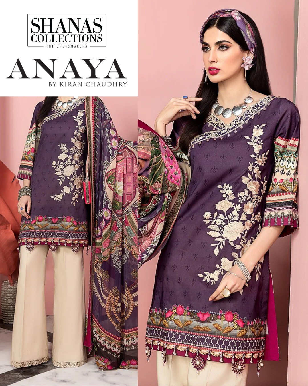 Valentina 02B embroidered suit displayed with dupatta
Contrast color embroidery and chiffon print detailing