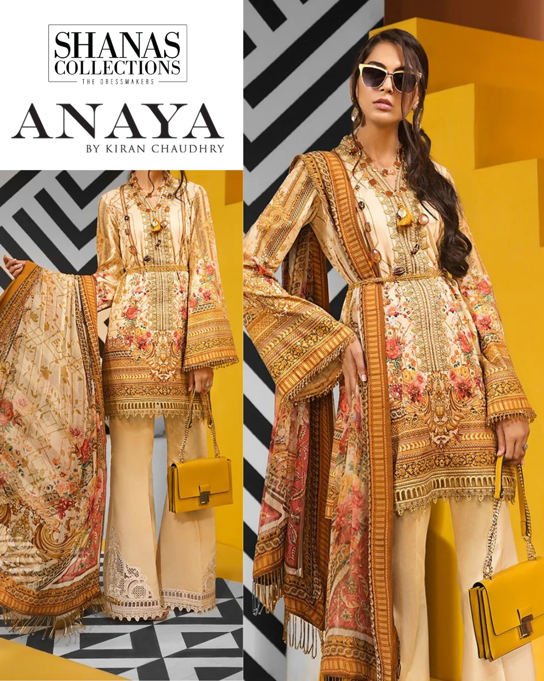Maria 10B full suit view with vibrant embroidery and chiffon dupatta
Embroidery close-up and bold dupatta pattern