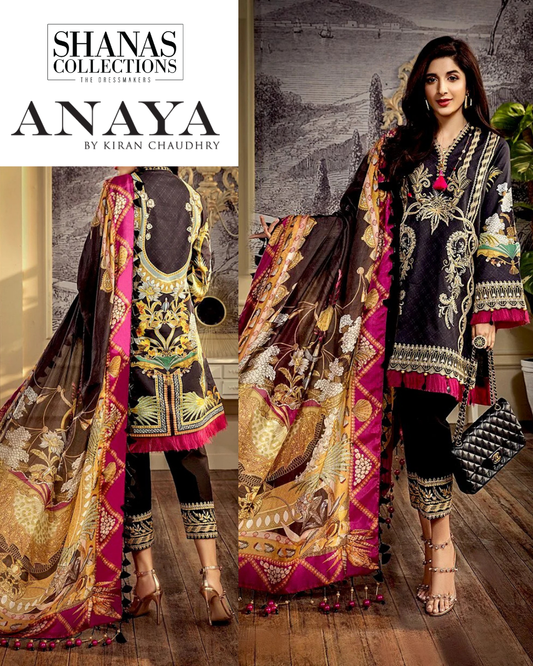 Amalie suit full view with embroidered shirt and chiffon dupatta
Close-up of embroidery patterns and printed dupatta colors