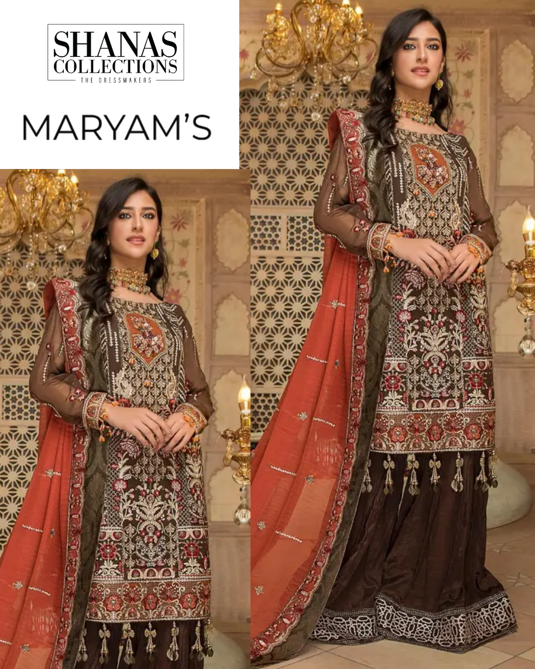 Matching embroidered chiffon dupatta displayed with shirt and trousers