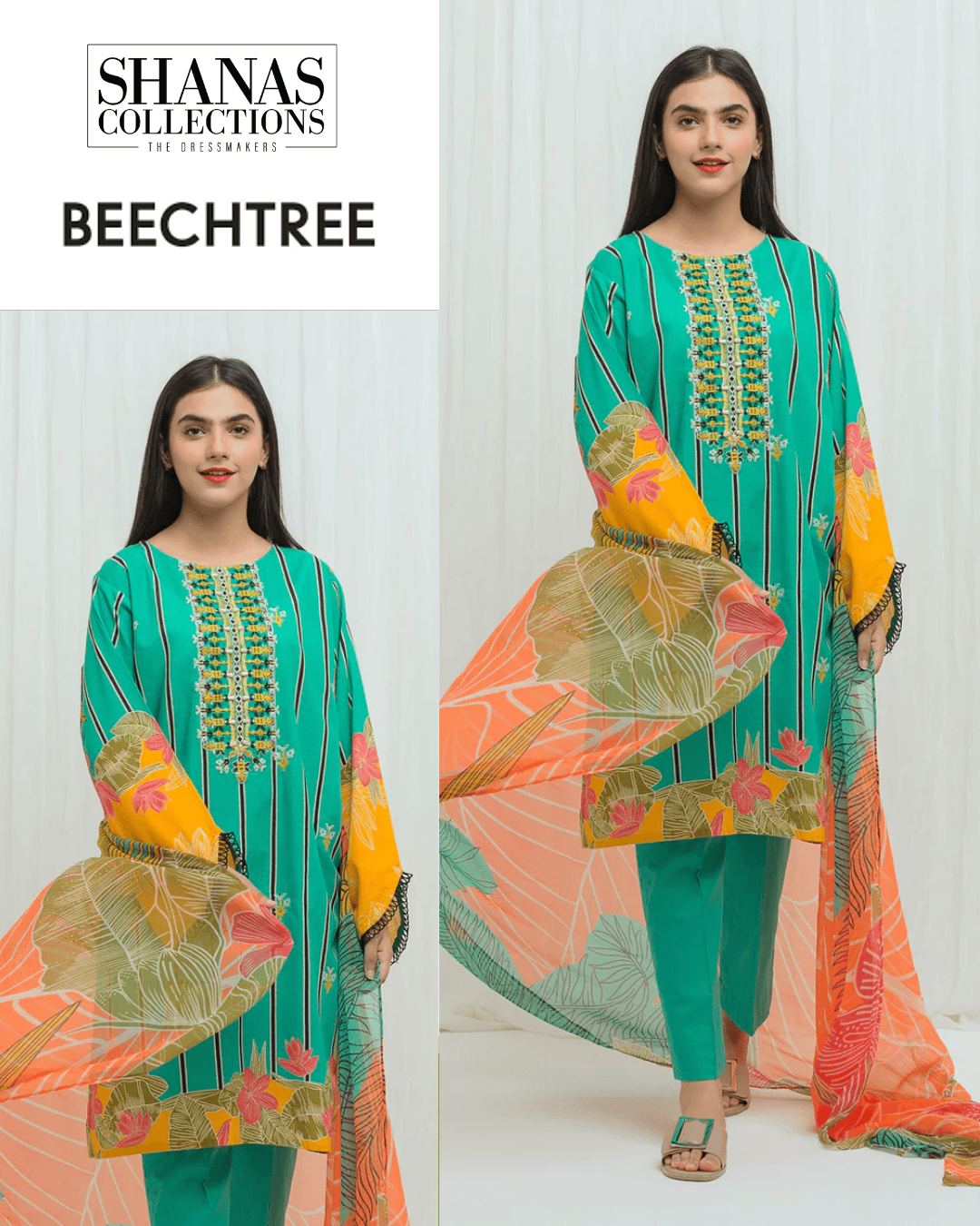 Printed lawn shirt fabric with vibrant summer patterns laid flat