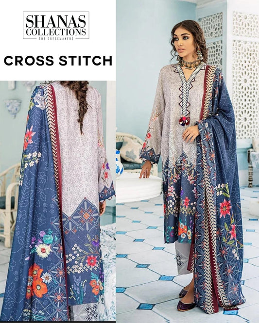 Cross Stitch Gray Ruffle Mehek Cotton Satin Unstitched 3 Piece Suit