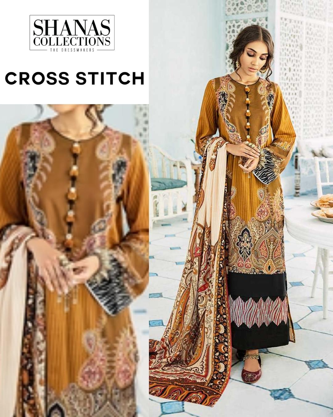 Mustard Maze Mehek Cotton Satin Suit by Cross Stitch – 3 piece semi-formal unstitched suit