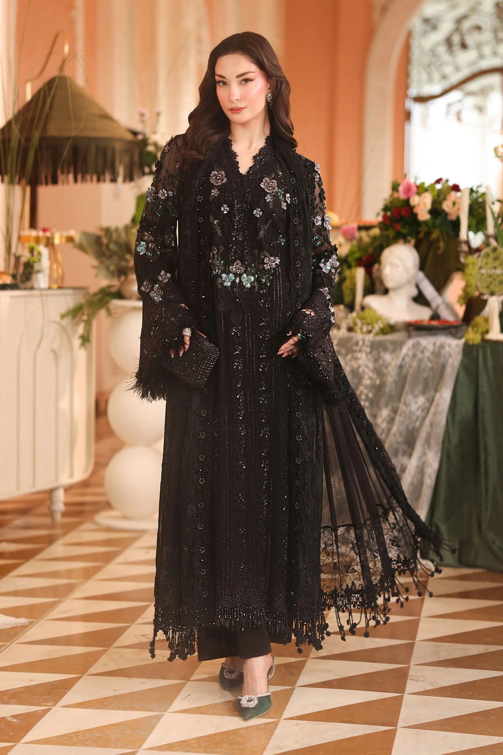 Maria B unstitched luxury chiffon suit 204 in black with embroidered organza neck patch and 3D florals – Shanas Collections