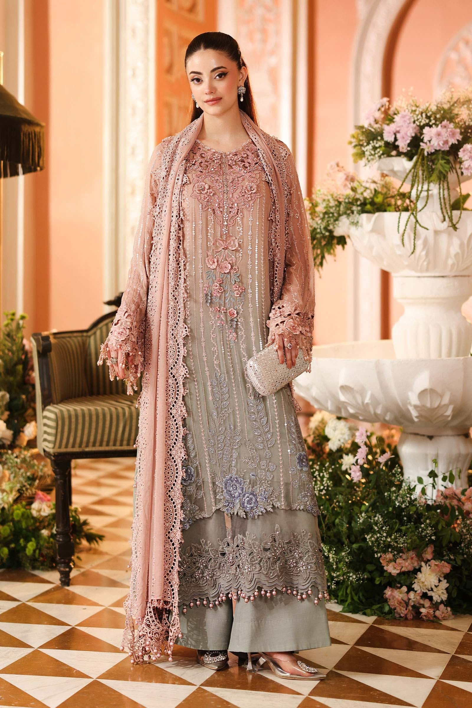Maria B unstitched luxury chiffon suit 202 in pink and grey ombre with 3D hand-embellished florals – Shanas Collections