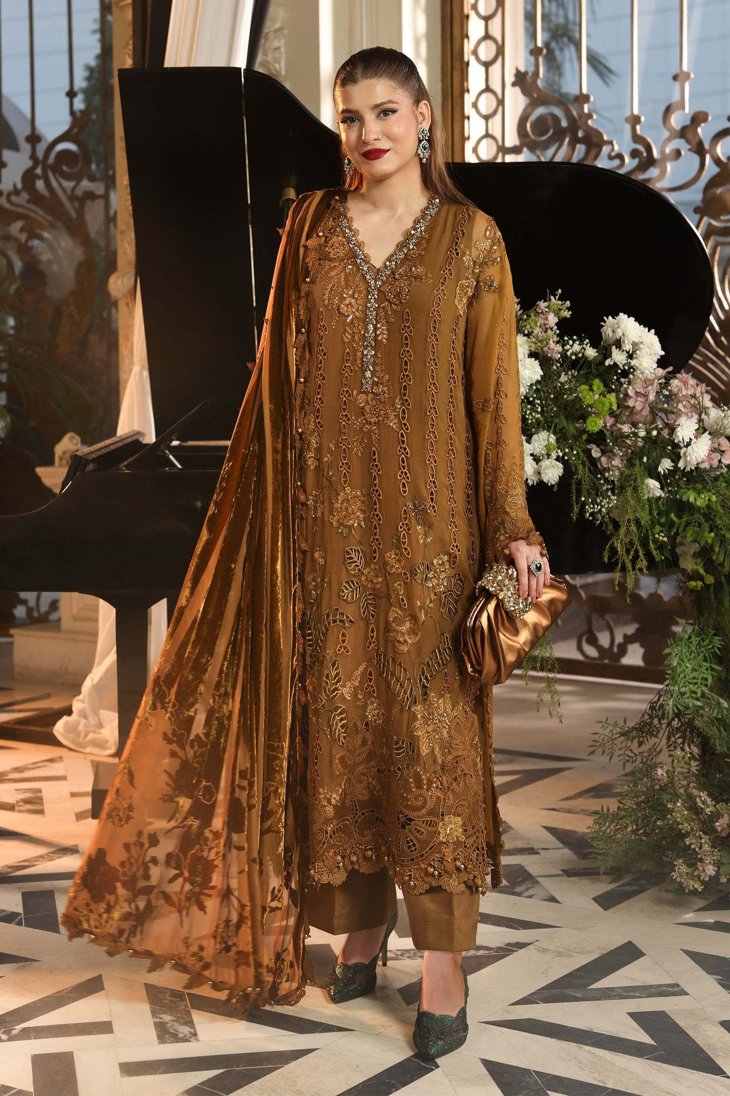 Maria B unstitched luxury chiffon suit 205 in mustard with hand-embellished 3D floral embroidery – Shanas Collections