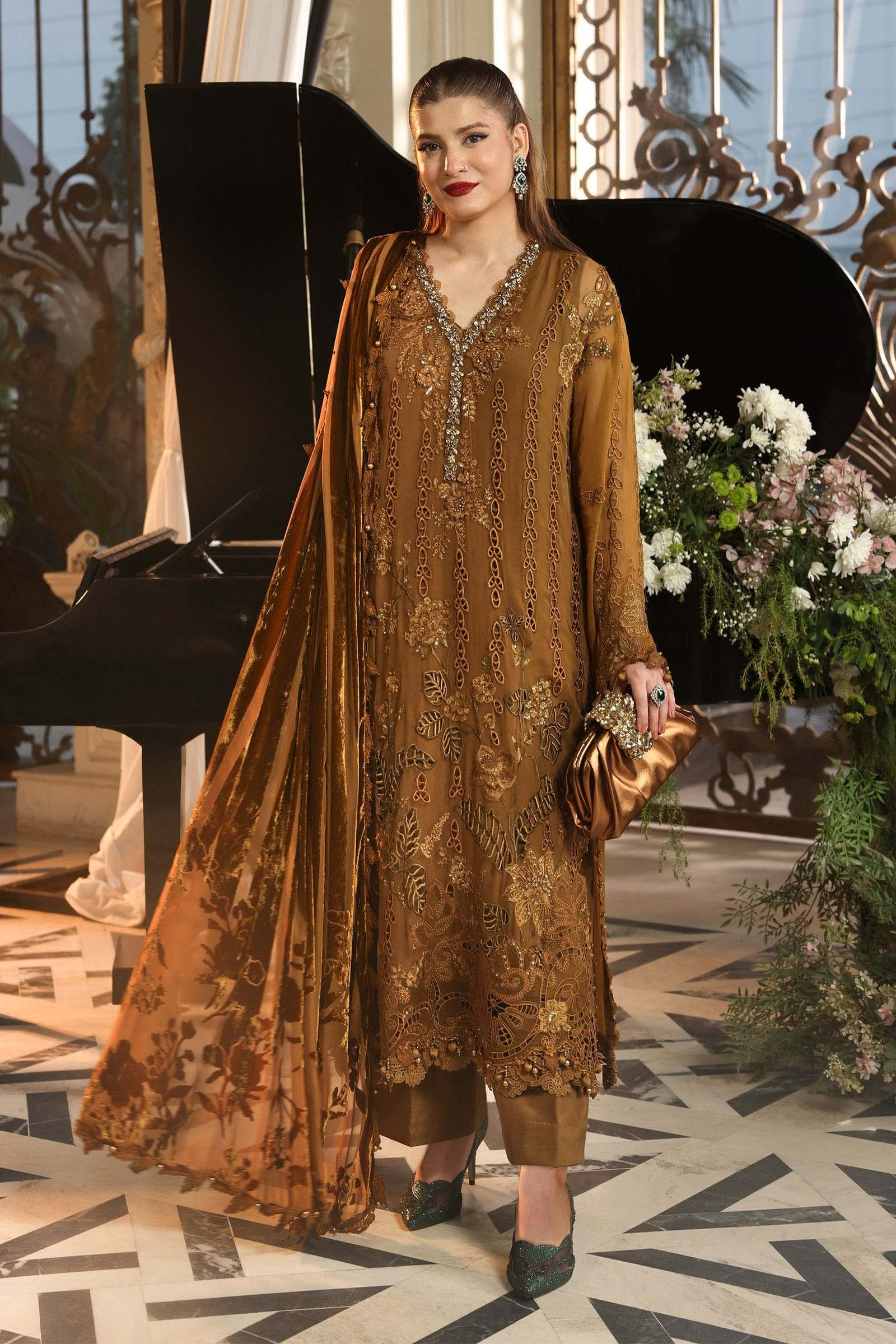 Maria B unstitched luxury chiffon suit 205 in mustard with hand-embellished 3D floral embroidery – Shanas Collections