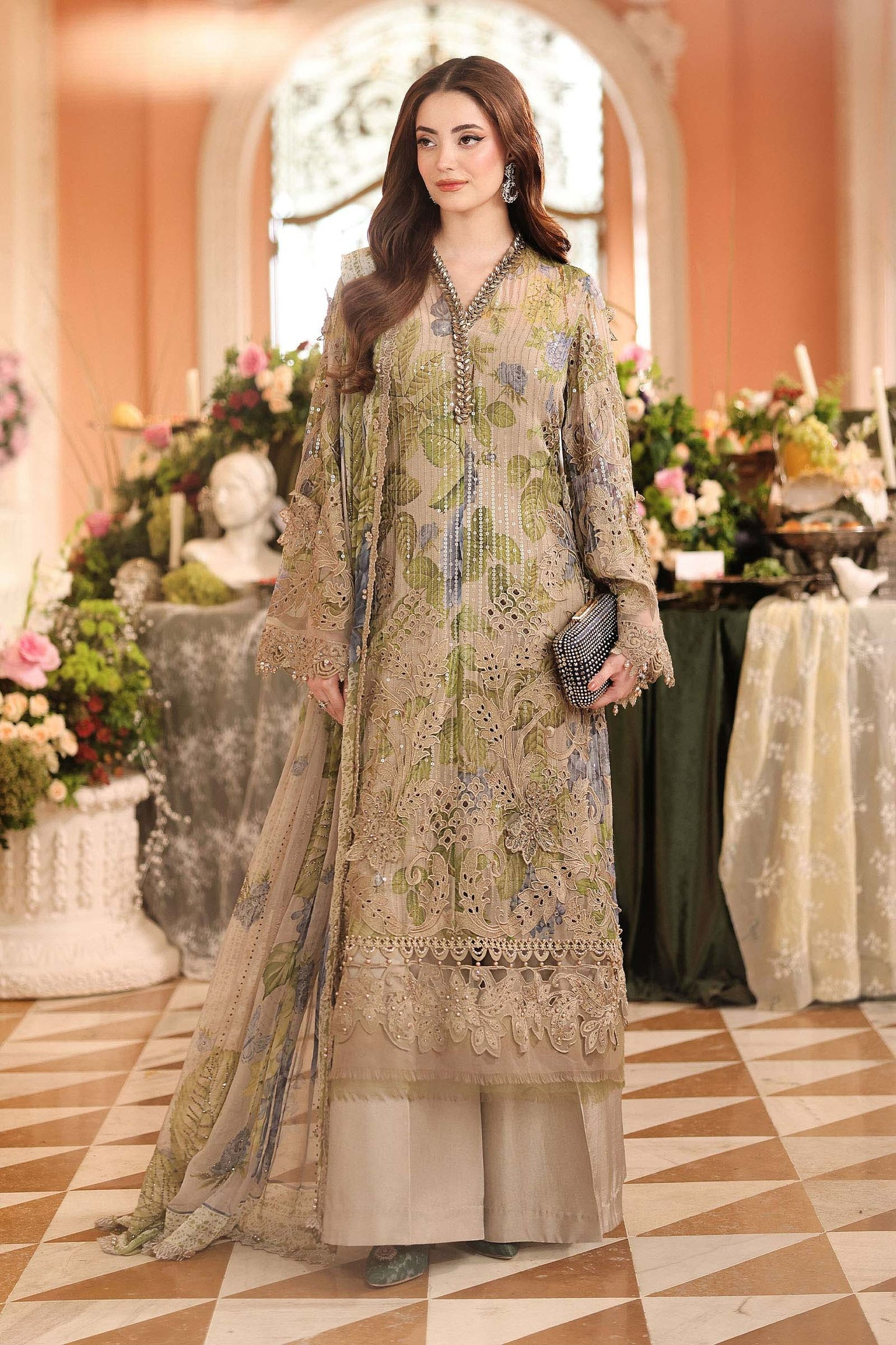 Maria B unstitched luxury chiffon suit 203 in warm beige with hand-embellished 3D floral embroidery – Shanas Collections