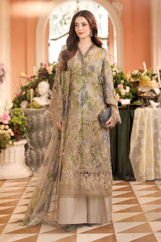Maria B unstitched luxury chiffon suit 203 in warm beige with hand-embellished 3D floral embroidery – Shanas Collections