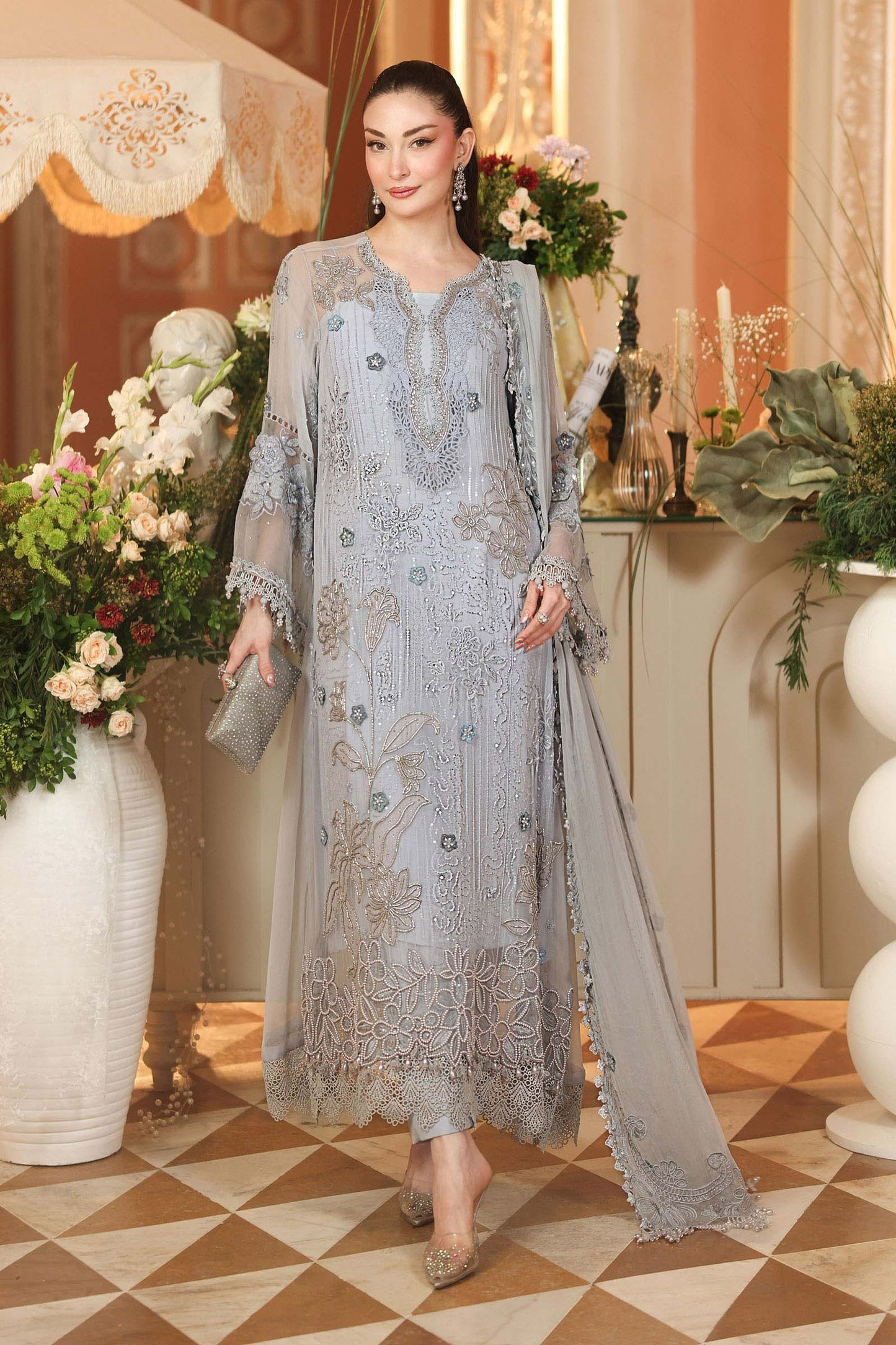 Maria B unstitched luxury chiffon suit 206 in muted ice blue with 3D floral hand embellishment – Shanas Collections