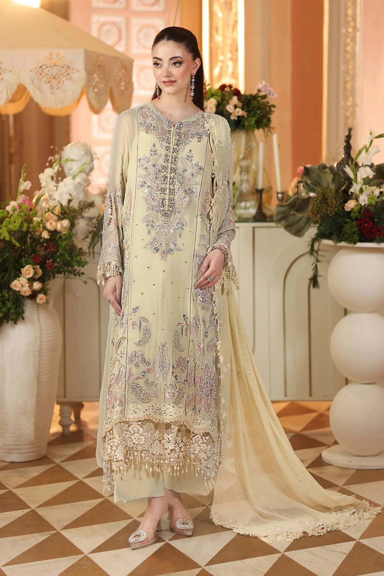 Maria B unstitched luxury chiffon suit 208 in pastel sunshine yellow with tissue appliqué embroidery – Shanas Collections