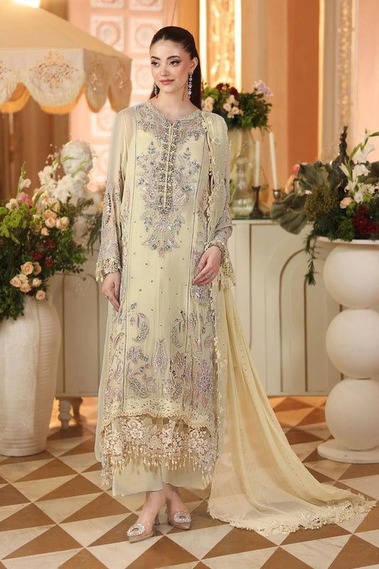 Maria B unstitched luxury chiffon suit 208 in pastel sunshine yellow with tissue appliqué embroidery – Shanas Collections