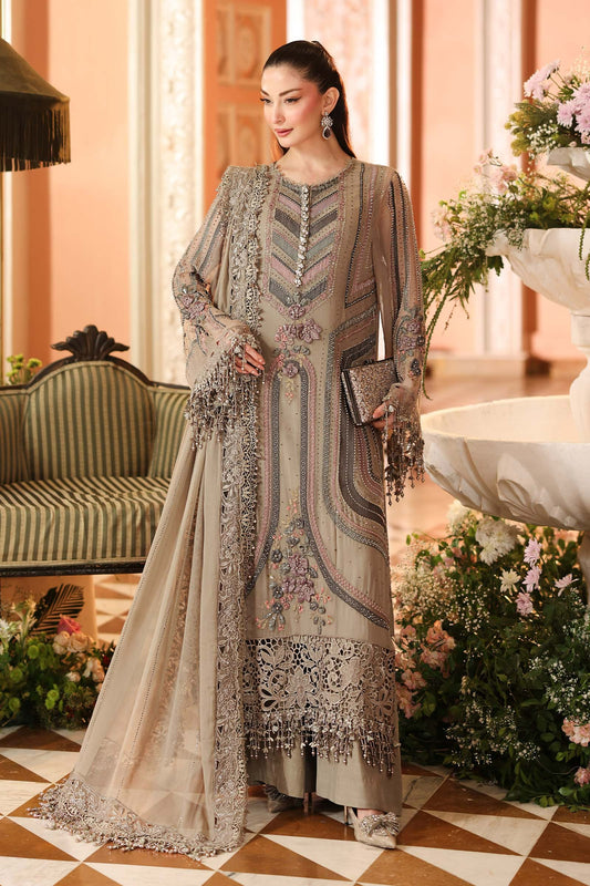 Maria B unstitched luxury chiffon suit 201 in antique grey with 3D floral hand embellishment – Shanas Collections